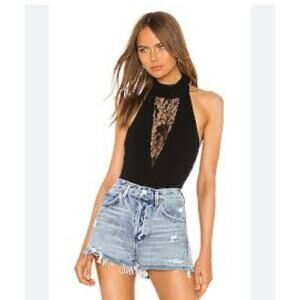 Superdown Mesh Lace V Neck Sleeveless One Piece Bodysuit Black Sz. M